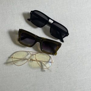 Blue light glasses, green and black sunglasses